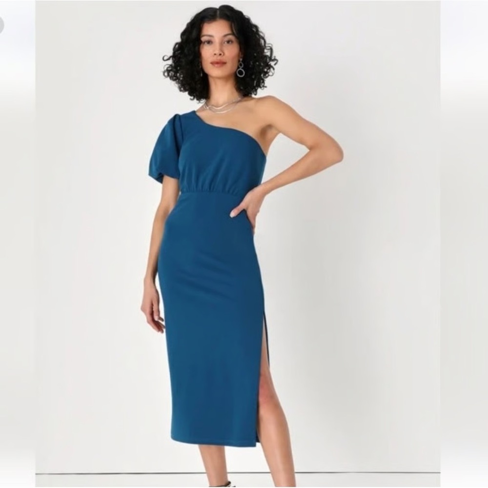 Ultimate Poise Teal Blue One-Shoulder Midi Dress
